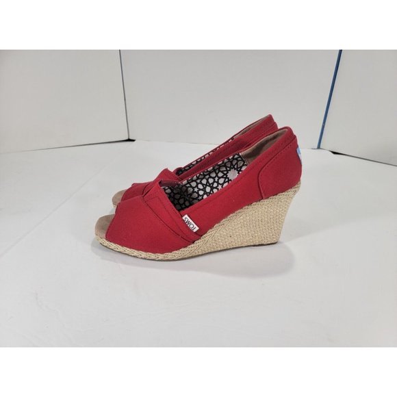 Toms Womens Wedges Size 7.5 Red Classic Canvas Espadrille Slip On Peep Toe - Picture 5 of 7